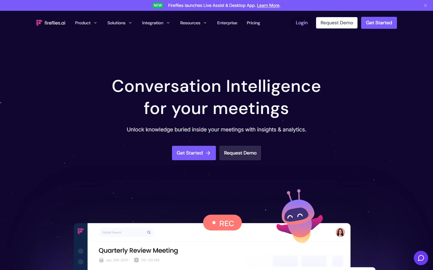 De Fireflies pagina over Conversation Intelligence met de tekst 'Conversation Intelligence for your meetings' en de Fred-mascotte