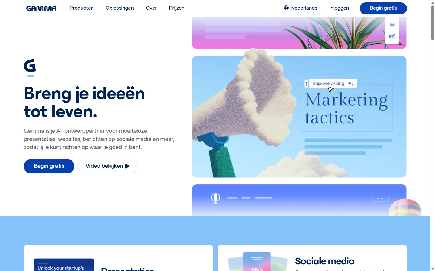 Gamma homepage met de kop 'Breng je ideeën tot leven' en voorbeelden van AI-gegenereerde presentatie-kaarten