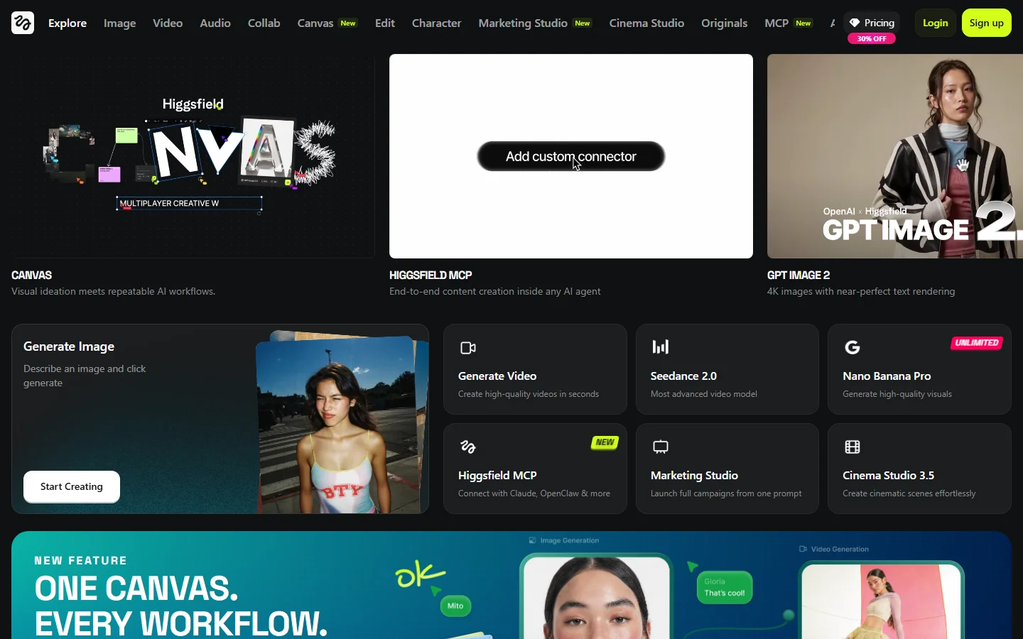 De Higgsfield AI homepage met Canvas, Marketing Studio, MCP-koppeling en meer dan vijftien videomodellen onder één dak
