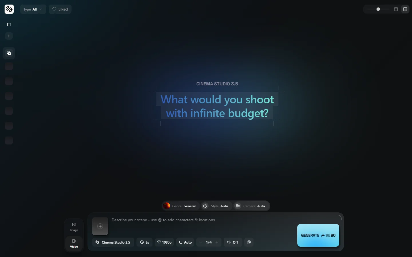 De Cinema Studio interface van Higgsfield met de vraag 'What would you shoot with infinite budget?' en onderaan de prompt-bar met lens- en sensorinstellingen