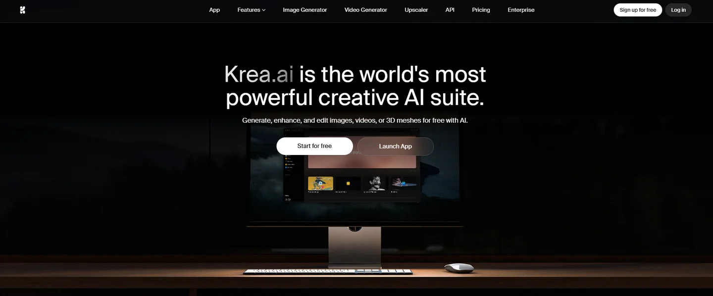 De Krea.ai homepage met de tekst 'Krea.ai is the world's most powerful creative AI suite' en een preview van de interface