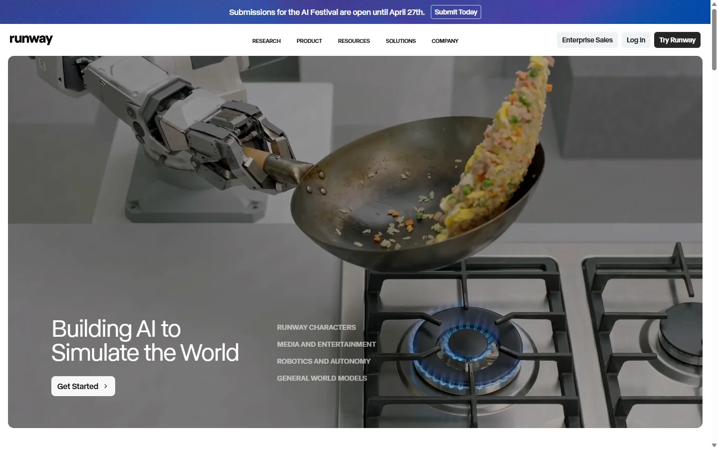 De Runway homepage met de tekst 'Building AI to Simulate the World' en een robotarm die een pan omsgooit — een voorbeeld van fotorealistische AI-videogeneratie