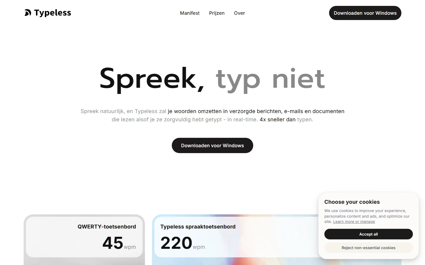 De Typeless homepage met de tekst 'Spreek, typ niet' en de belofte om woorden om te zetten in verzorgde berichten, 4x sneller dan typen