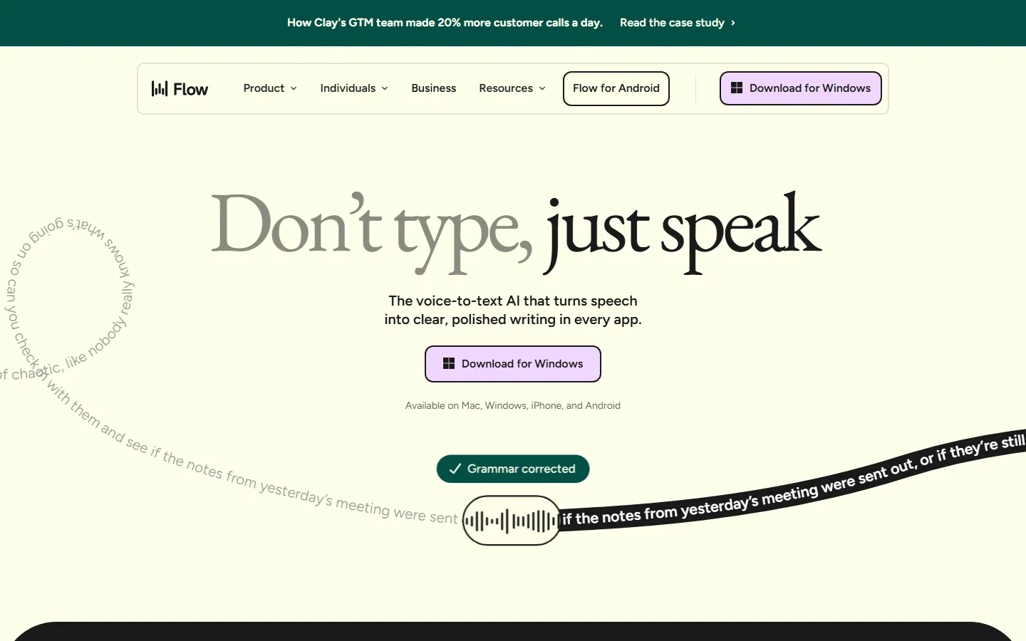 De Wispr Flow homepage met de tekst 'Don't type, just speak' en een visuele weergave van het dictatie-interface in actie